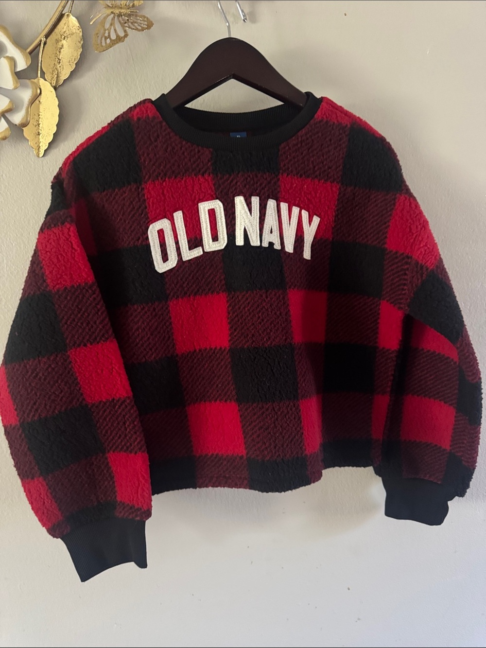 Old Navy Red & Black Plaid Sherpa Crewneck Sweater
